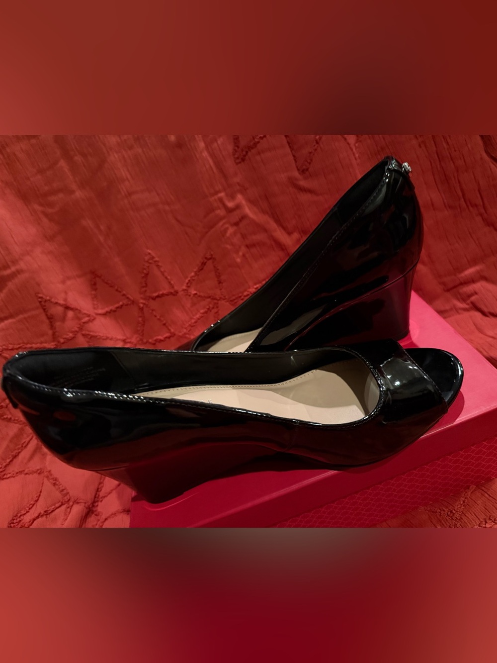 Kelly & Katie Black Patent Peep-Toe Wedge Pumps
